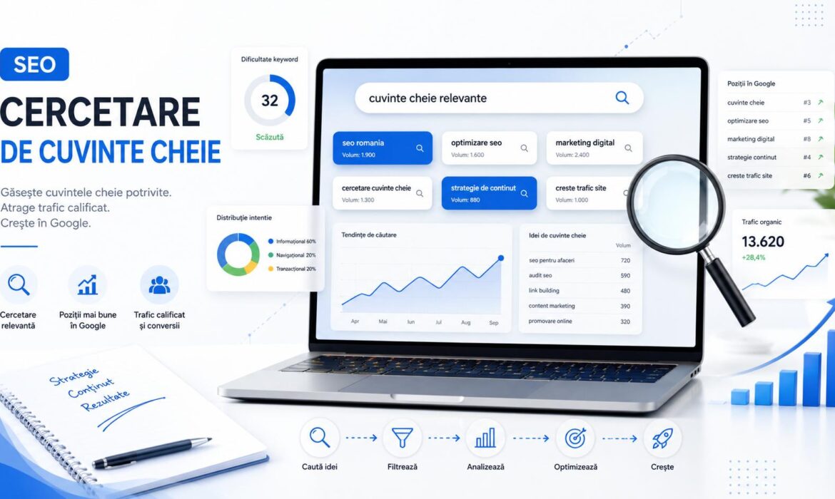Laptop screen showing an SEO keyword research dashboard with data cards, charts, and a magnifying glass icon indicating search analytics