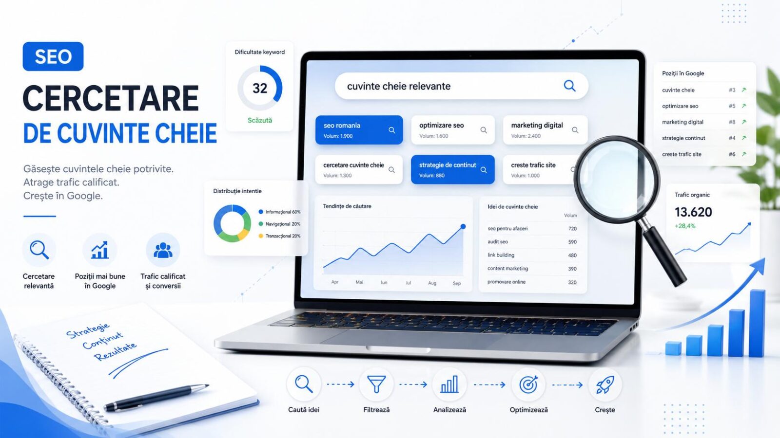 Laptop screen showing an SEO keyword research dashboard with data cards, charts, and a magnifying glass icon indicating search analytics