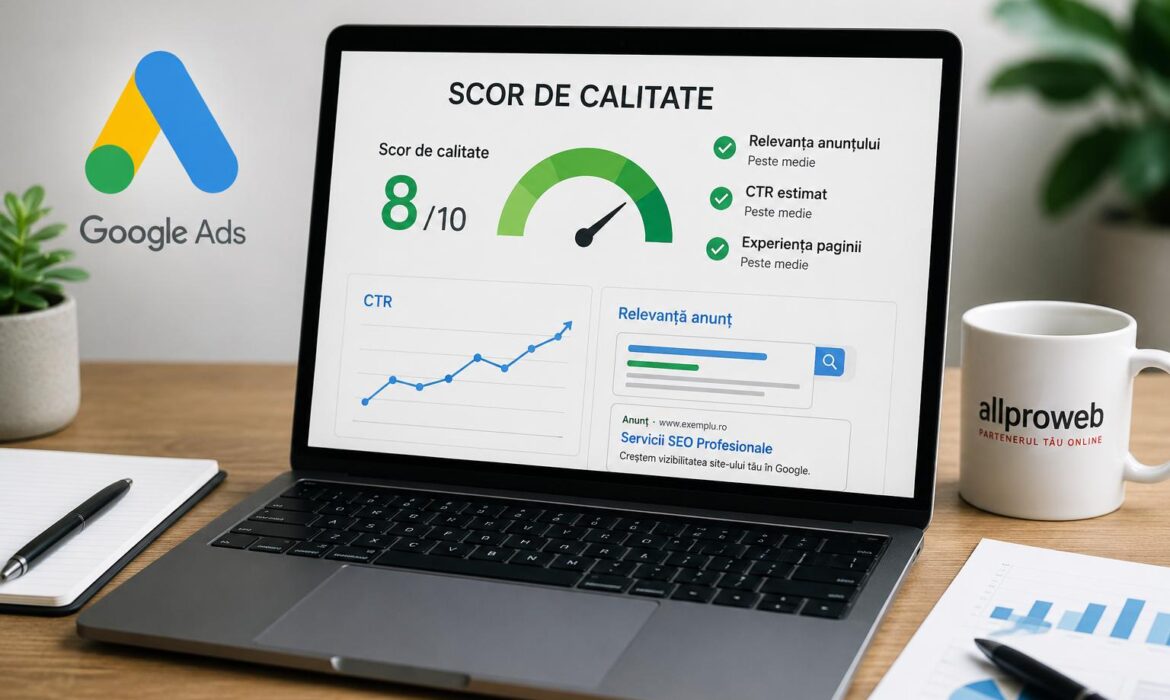 Dashboard showing a Google Ads quality score with an 8/10, gauge chart, and metrics like CTR and relevance on a laptop screen.