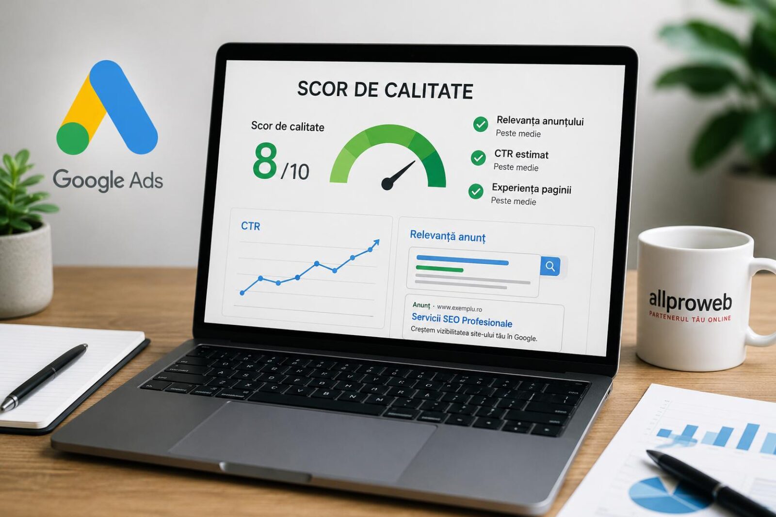 Dashboard showing a Google Ads quality score with an 8/10, gauge chart, and metrics like CTR and relevance on a laptop screen.