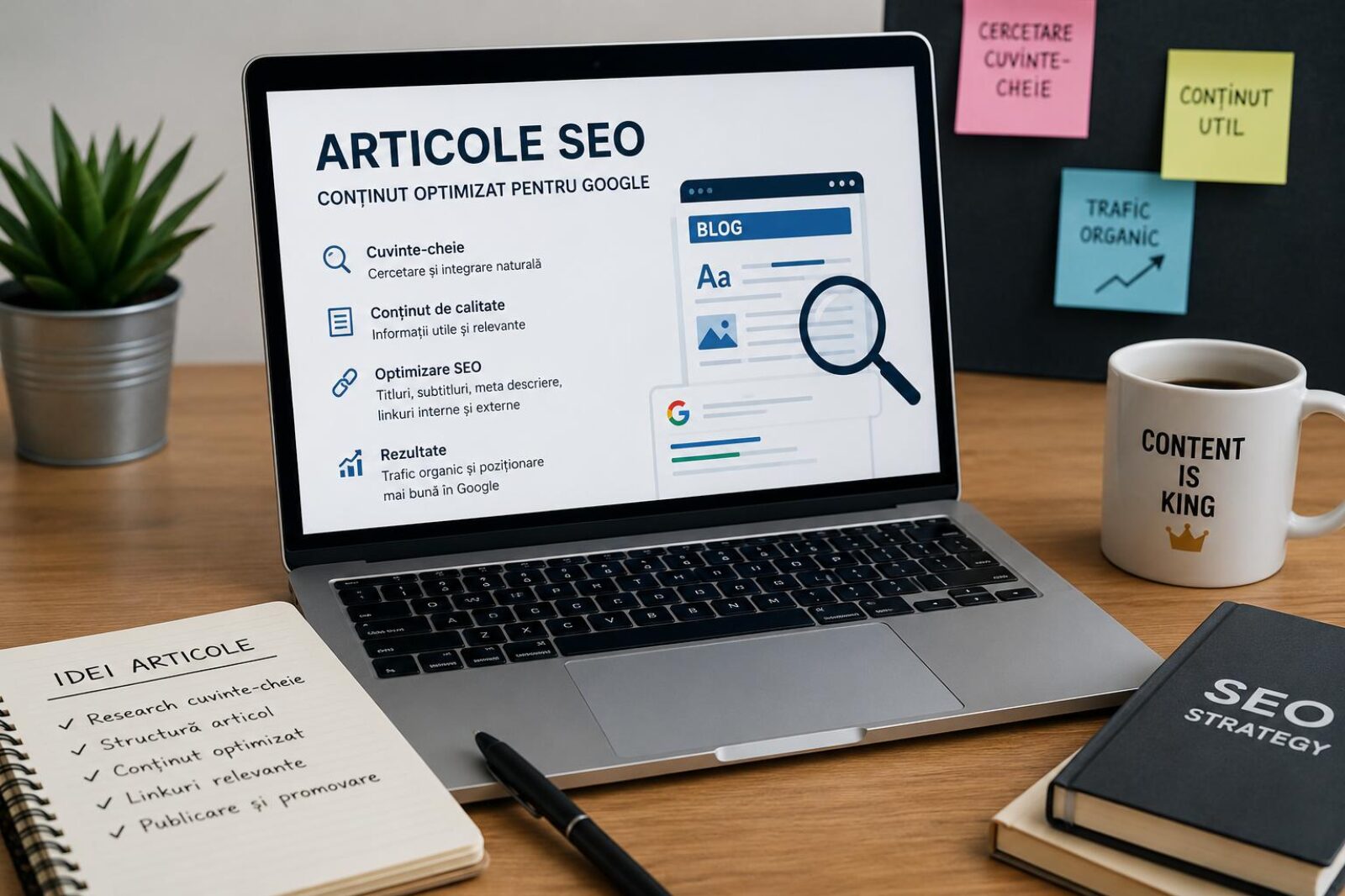 Laptop shows an SEO article layout with a blog graphic and magnifying glass on a desk with notes and a 'Content is King' mug nearby.