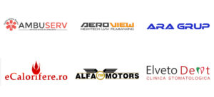 Group of eight logos arranged in two rows: AmbuServ, AeroView, Ara Grup on the top row; eCalorifere.ro, Alfa Motors, Elveto Dent Clinica Stomatologica on the bottom row.