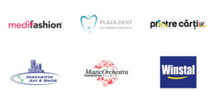 Logo collage of six brands: MediFashion; Plaza Dent; Printre Cărți; CIC Innovative Art & Build; Magic Orchestra Events; Winstal.