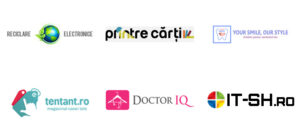 Collage of eight logos: Reciclare Electronice, Printre Cărți, Your Smile Our Style, Tentant.ro, Doctor IQ, IT-SH.ro.