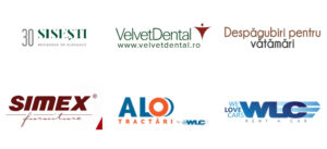 Collage of six brand logos: SISESTI Residence of Elegance, Velvet Dental, Despagubiri pentru vatamari, SIMEX furniture, ALO Tractari, We Love Cars Rent a Car.