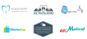 Collage of six logos arranged in two rows: Plaza Dent, Azil Pentru Bunici, Hidro Instal (water) and faucet, OferteShop, Nord Garage automotive repair, Eco Medical.