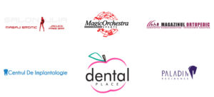 Collage of six brand logos: dental brands (Dental Place, Centrul De Implantologie) and lifestyle/health brands (Magic Orchestra Events, Magazinul Ortopedic, Paladin Residence) plus a spa/massage logo.