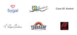 Collage of six sponsor logos: Sygal; a colorful logo with the word 'Junior'; Casa Sf. Andrei; Topa Salon; ISQUASH Baneasa; and Cauciuc auto.ro with a tire graphic.