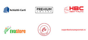 Logo collage featuring six brands: Achizitii-Carti, Premium Amanet, HBC Rent Auto, EvaStore, CERII.RO, and expertbetonamprentat.ro