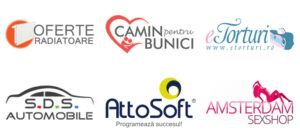 Logo collage of six brands: Oferte Radiatoare, Camin pentru Bunici, e Torturi, S.D.S. Automobiles, AltoSoft, Amsterdam SexShop in two rows.