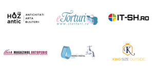 Collage of eight partner logos: Hozantic (antichitati/arta bijuterii), etorturi, IT-SH.ro, Magazinul Ortopedic, Hidro Instal Water, and King Size Outside.