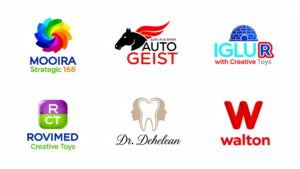 Logo collage showing brand logos on a white background: Mooira Strategic168, Auto Geist, IGLUR with Creative Toys, Rovimed Creative Toys, Dr. Dehelean, and Walton.