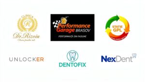 Collage of logos: Clinica Dr. Rizoiu, Performance Garage Brasov, Stat ie GPL, UNLOCKER, DENTOFIX, NexDent logo grid